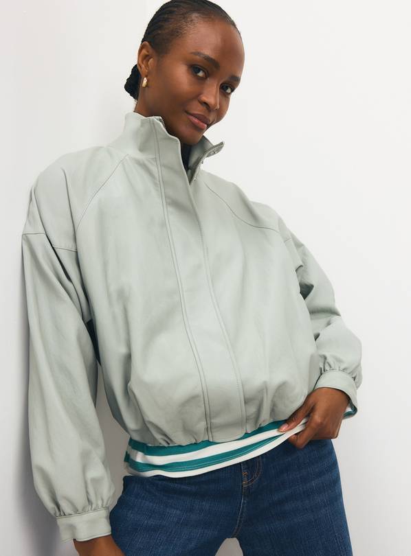Light Green PU Batwing Funnel Neck Bomber Jacket M